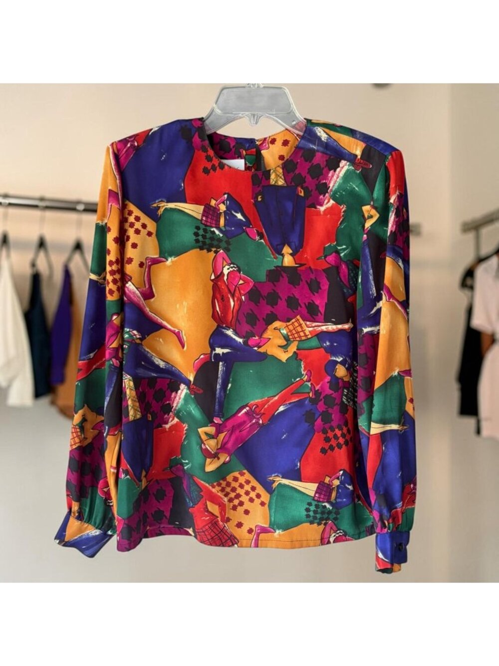 Vtg New Editions Size 8 Blouse Colorful Abstract People Print 80s Shoulder Pads